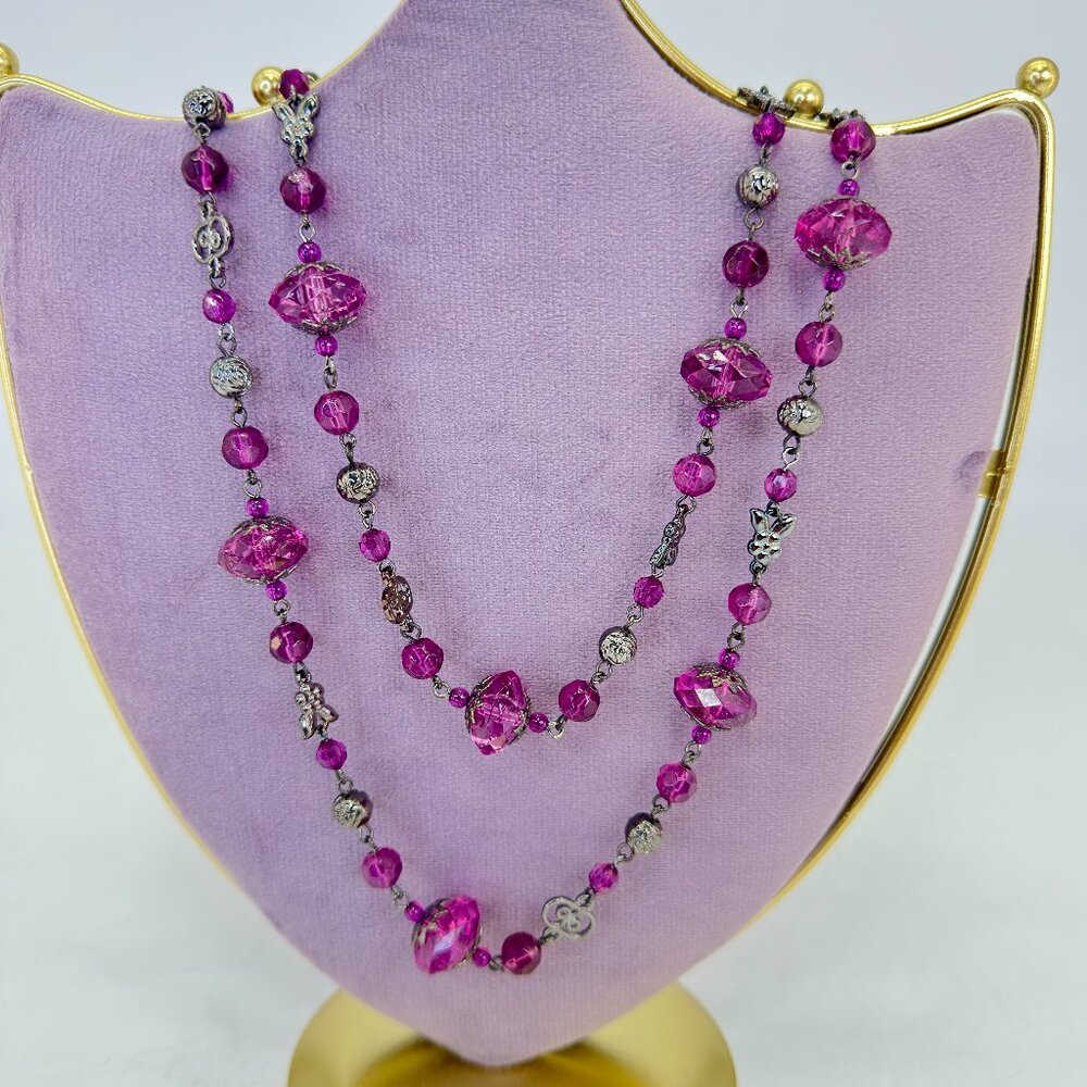 Purple Beaded Long Necklace 40" Opera Length Gunmetal Tone